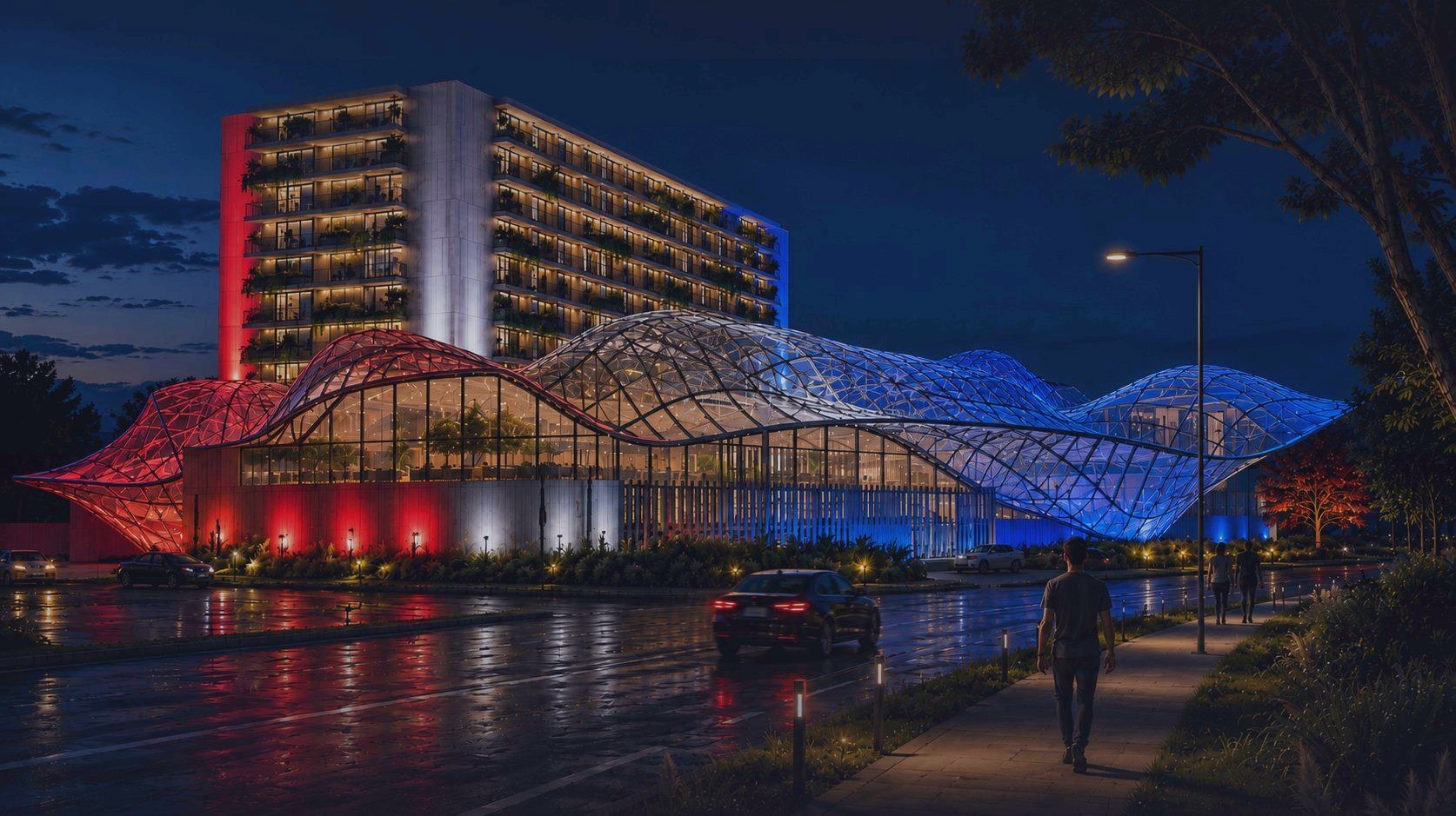 Hotel e Centro de Convenções do Bracerum Park iluminados à noite