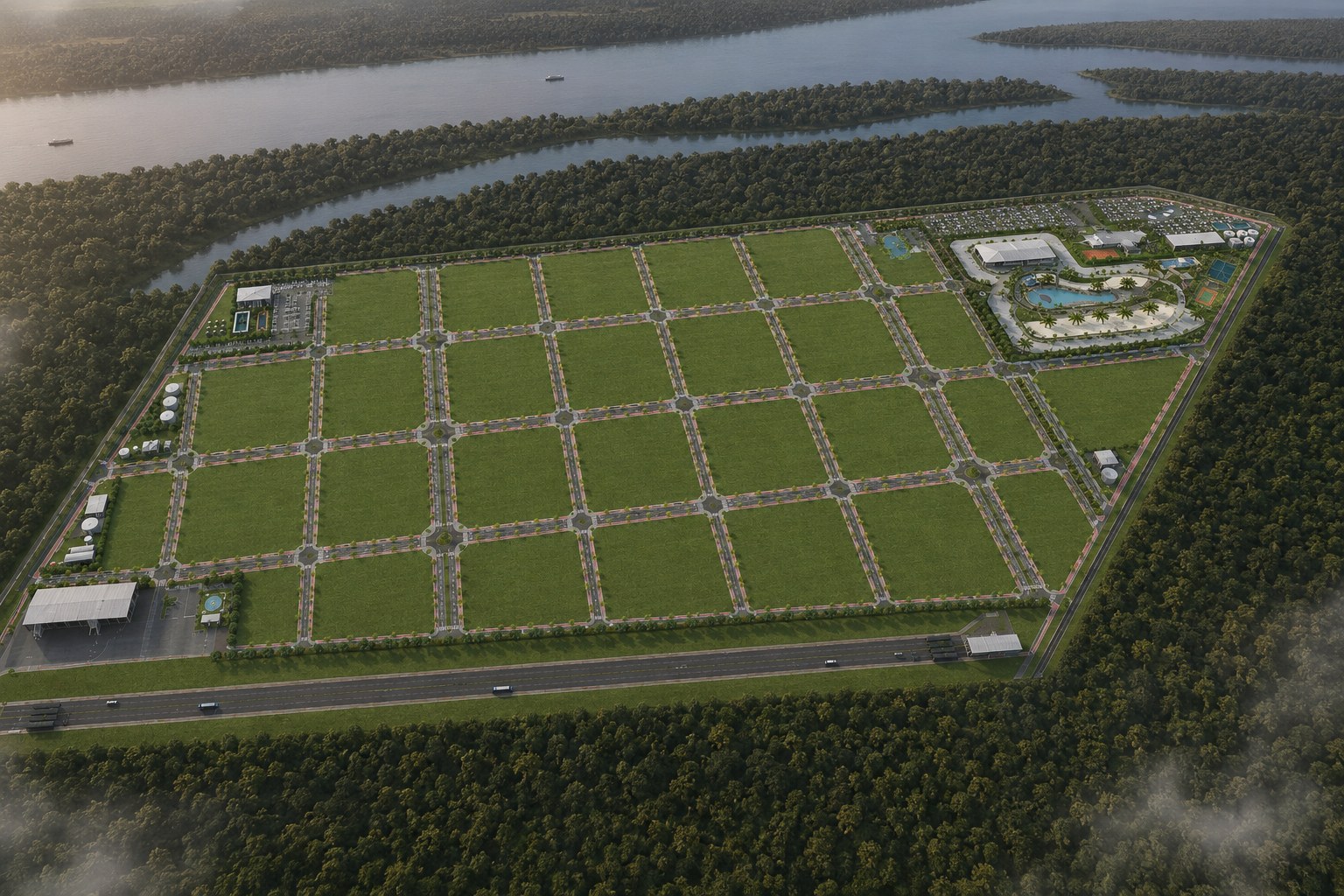 Vista aérea do masterplan do Bracerum Park em Villeta